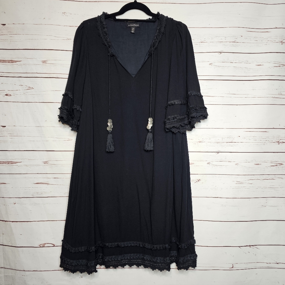 Tribal Femme Black Tassel V-Neck Boho Dress